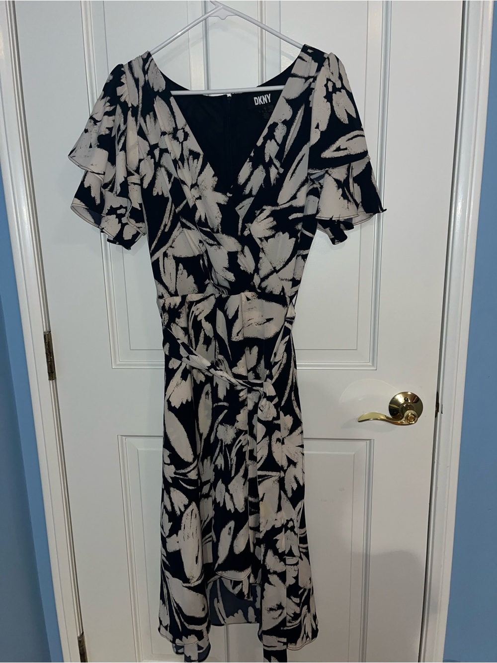 DKNY Black and White Floral Midi Wrap Dress with Flutter Sleeves